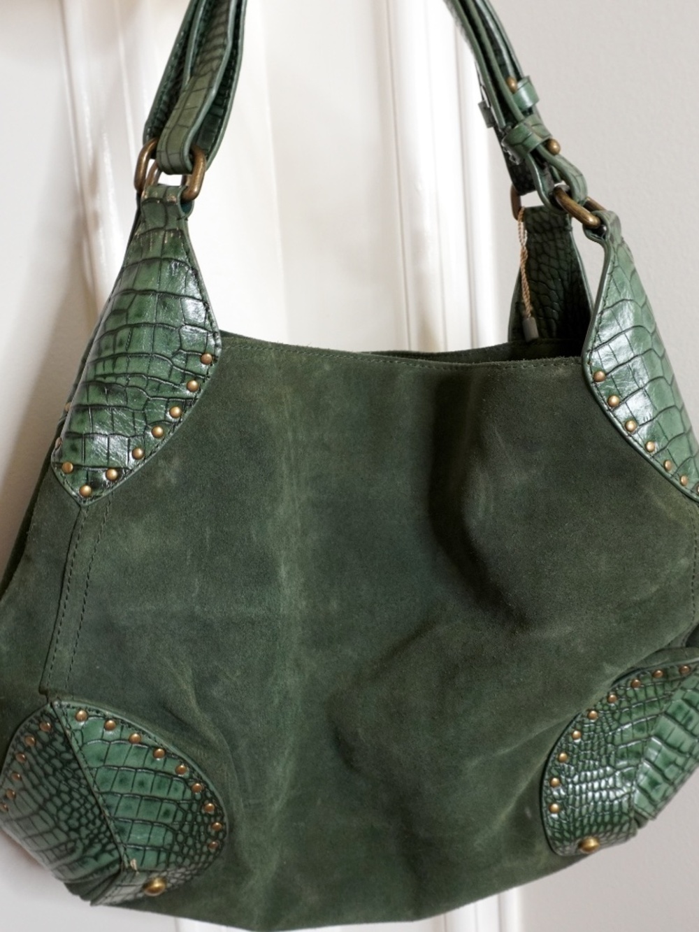 NEW Pollini Italian 100% Suede Leather Olive Green with Croc Embossed Details